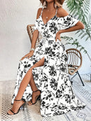 Vestido longo com alças finas e ombro de fora, estampa floral de verão, com cinto, roupa de praia