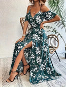 Vestido longo com alças finas e ombro de fora, estampa floral de verão, com cinto, roupa de praia