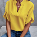 Camisa de chiffon de manga curta de verão, nova camisa com decote em V, roupa casual feminina versátil