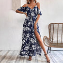 Vestido longo com alças finas e ombro de fora, estampa floral de verão, com cinto, roupa de praia