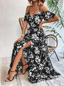 Vestido longo com alças finas e ombro de fora, estampa floral de verão, com cinto, roupa de praia