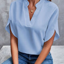 Camisa de chiffon de manga curta de verão, nova camisa com decote em V, roupa casual feminina versátil